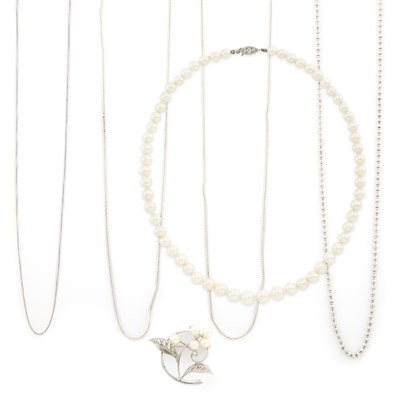 Lot 1292 - Group of Sterling Silver and Cultured Pearl Necklaces and Pin
