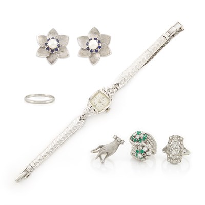 Lot 1734 - White Gold, Platinum, Diamond and Gem-Set Wristwatch, Four Rings and Pair of Flower Earrings