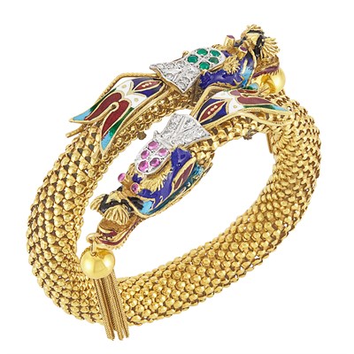 Lot 243 - Gold, Enamel and Colored Stone Crossover Dragon Tassel Bracelet