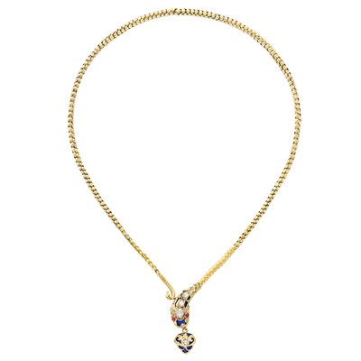 Lot 299 - Antique Gold, Blue Enamel, Diamond and Cabochon Garnet Snake Necklace