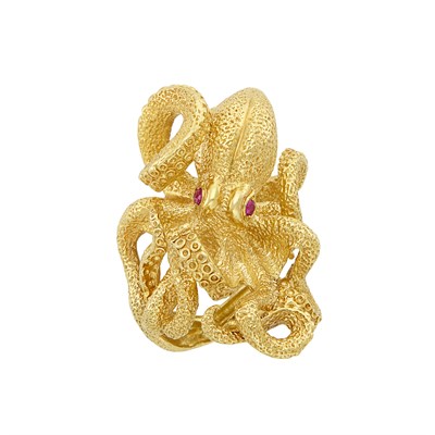 Lot 402 - Hammered Gold and Ruby Octopus Ring, Kurt Wayne