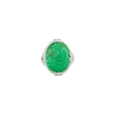 Lot 448 - Platinum, Carved Emerald and Diamond Ring, Dreicer