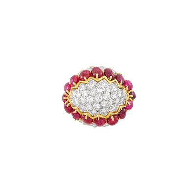 Lot 432 - Gold, Platinum, Diamond and Cabochon Ruby Dome Ring