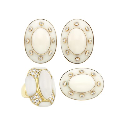 Lot 407 - Pair of Gold, White Coral and Diamond Earclips, Ring and Brooch