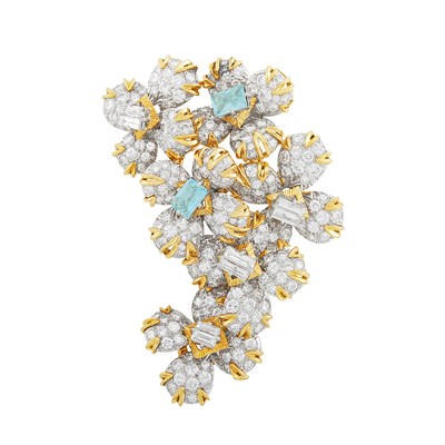 Lot 436 - Gold, Platinum, Aquamarine and Diamond Clip-Brooch, France