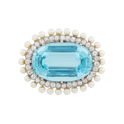 Lot 457 - Platinum, Gold, Aquamarine, Diamond and Pearl Brooch, Marcus & Co.