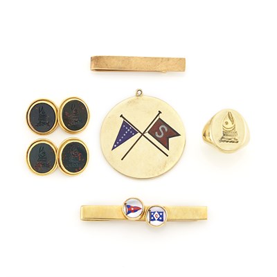Lot 1856 - Pair of Gold and Bloodstone Intaglio Cufflinks, Two Tie Bars, Seal Ring and 'Seawanhaka Yacht Club' Disc Charm