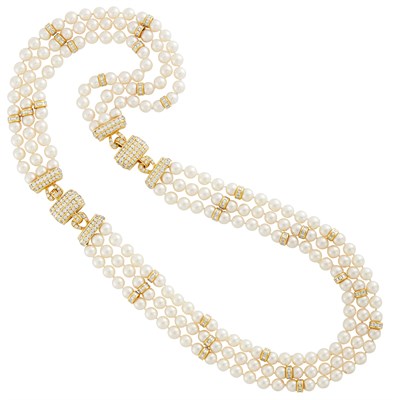 Lot 238 - Triple Strand Cultured Pearl, Gold and Diamond Necklace