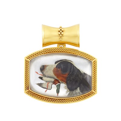 Lot 382 - Gold and Reverse Crystal Intaglio Dog and Duck Pendant-Brooch and Gold Enhancer