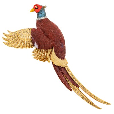 Lot 125 - Oversized Gold, Carved Jasper, Labradorite, Agate and Diamond Pheasant Clip-Brooch, Zadora