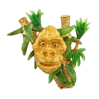 Lot 112 - High Karat Gold, Gold, Carved Nephrite and Colored Diamond Gorilla Clip-Brooch, Anthony J. Obara, Jr.