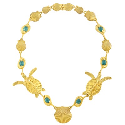 Lot 636 - Gold and Cabochon Tourmaline Shell and Sea Turtle Necklace, André Harvey, Donald Pywell
