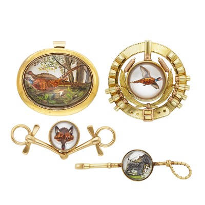 Lot 386 - Gold and Reverse Crystal Intaglio Pendant-Brooch, Brooch and Two Tie Bars
