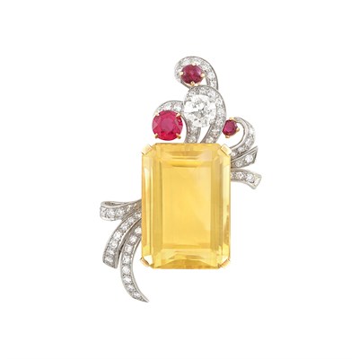 Lot 390 - Gold, Palladium, Citrine, Synthetic Ruby, Ruby and Diamond Brooch