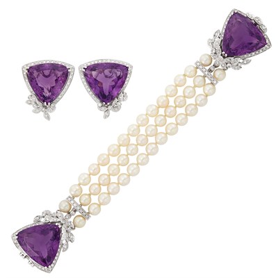 Lot 414 - Triple Strand Cultured Pearl, White Gold, Amethyst and Diamond Bracelet and Pair of Earclips
