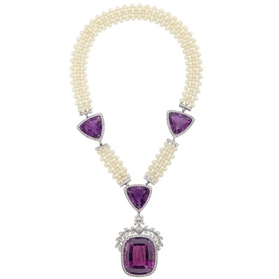 Lot 413 - White Gold, Amethyst, Cultured Pearl and Diamond Pendant-Necklace