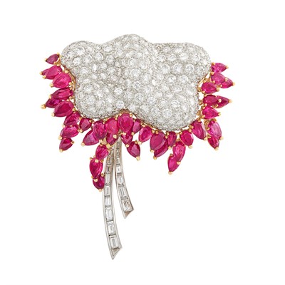Lot 430 - Platinum, Gold, Diamond and Ruby Flower Clip-Brooch