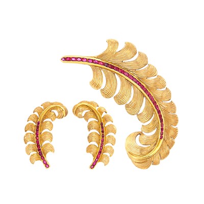 Lot 435 - Rose Gold and Ruby Feather Clip and Pair of Earclips, Tiffany & Co.