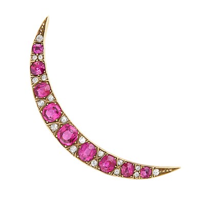 Lot 316 - Antique Gold, Ruby and Diamond Crescent Pin