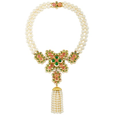 Lot 418 - Double Strand Cultured Pearl, Gold and Cabochon Tourmaline and Pink Tourmaline Tassel Necklace