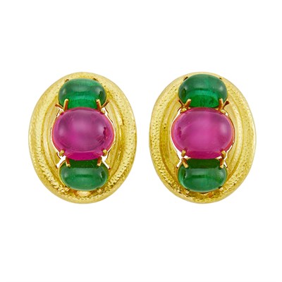 Lot 276 - Pair of Hammered Gold and Cabochon Pink and Green Tourmaline Earclips