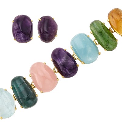 Lot 410 - Gold and Cabochon Colored Stone Bracelet and Pair of Cabochon Amethyst Earclips