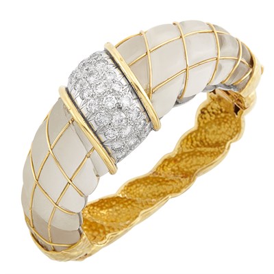 Lot 628 - Two-Color Gold, Frosted Rock Crystal and Diamond Bombé Bangle Bracelet