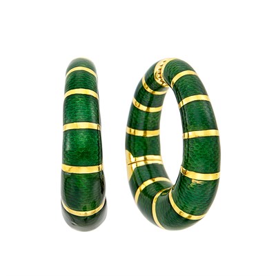 Lot 27 - Pair of Gold and Green Enamel Hoop Earclips, Bulgari