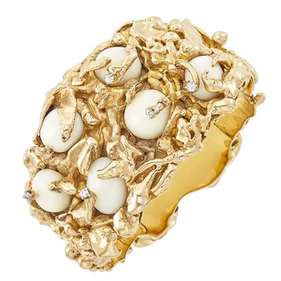 Lot 405 - Low Karat Gold, White Coral and Diamond Cuff Bangle Bracelet