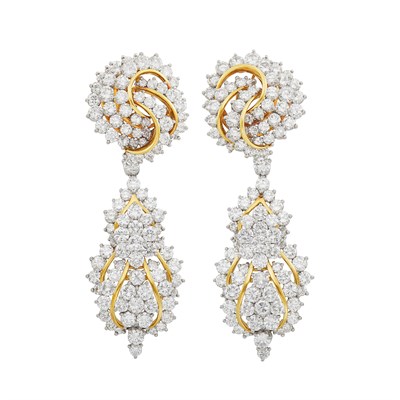 Lot 441 - Pair of Platinum, Gold, and Diamond Pendant-Earclips