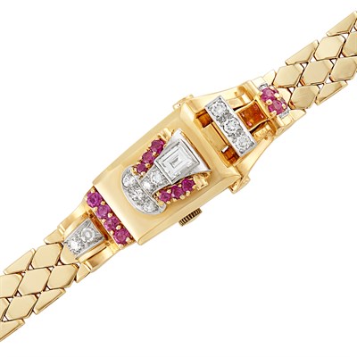 Lot 389 - Gold, Ruby and Diamond Bracelet-Watch