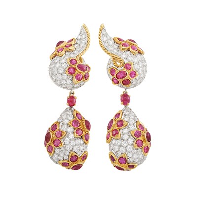 Lot 433 - Pair of Platinum, Gold, Diamond and Ruby Pendant-Earclips