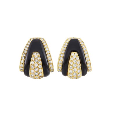 Lot 397 - Pair of Gold, Diamond and Black Onyx Earclips