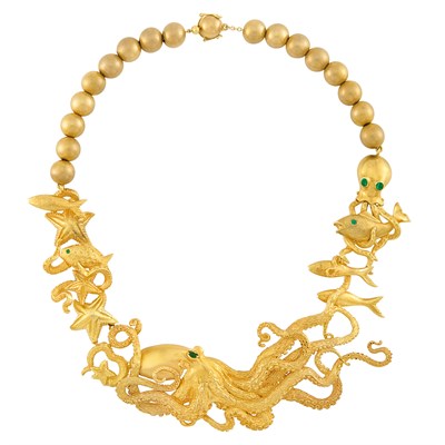 Lot 403 - Gold, Gold Bead and Emerald Octopus Necklace