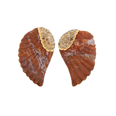 Lot 126 - Pair of Gold, Carved Jasper and Diamond Wing Earclips, Zadora