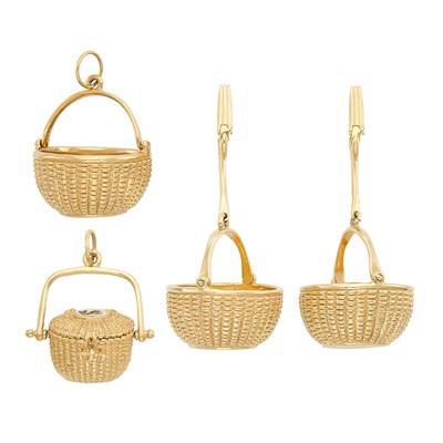 Lot 393 - Pair of Gold 'Cape Cod' Basket Pendant-Earclips and Two Charms