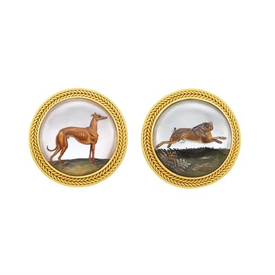 Lot 384 - Pair of Gold and Reverse Crystal Intaglio Hound and Hare Earclips