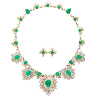 Lot 443 - Platinum, Gold, Cabochon Emerald and Diamond Pendant Clip-Brooch Necklace and Pair of Earclips, David Webb