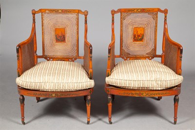 Lot 438 - Pair of Edwardian Painted Satinwood and Caned...