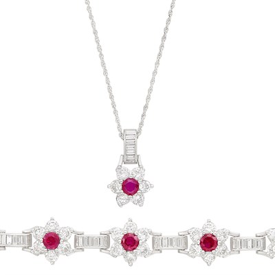 Lot 131 - Platinum, Ruby and Diamond Bracelet and Pendant with White Gold Chain