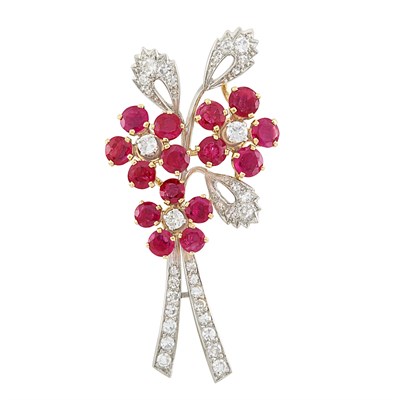 Lot 132 - Platinum, Gold, Ruby and Diamond Bouquet Clip-Brooch, France