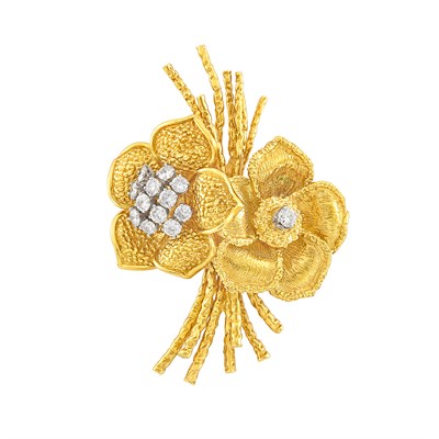 Lot 66 - Gold and Diamond Double Flower Brooch