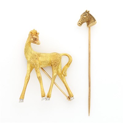 Lot 1487 - Gold, Platinum and Diamond Foal Brooch, France, and Horse Stick Pin