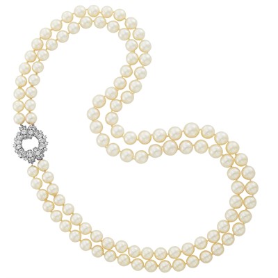 Lot 134 - Double Strand Cultured Pearl Necklace with Platinum and Diamond Clasp