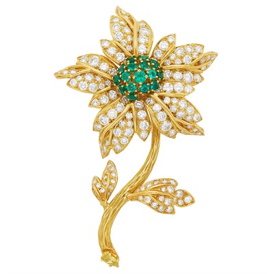 Lot 251 - Gold, Emerald, Diamond and Yellow Diamond Flower Clip-Brooch, Hammerman Brothers
