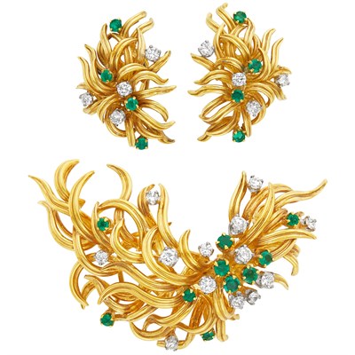 Lot 55 - Pair of Gold, Emerald and Diamond Earclips and Brooch
