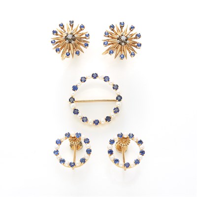 Lot 1524 - Two Pairs of Gold, Diamond, Sapphire and Pearl Earrings and Circle Pin