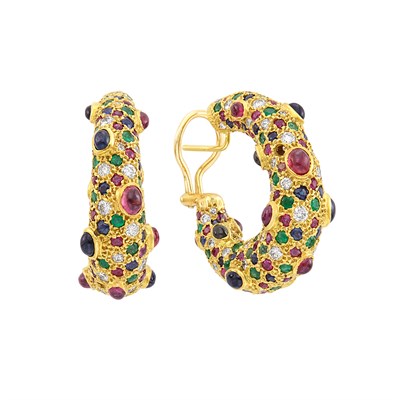 Lot 37 - Pair of Gold, Diamond and Gem-Set Hoop Earrings