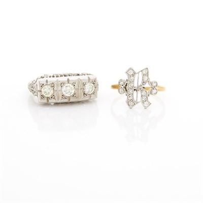 Lot 1335 - Gold, Platinum and Diamond Initial Ring and White Gold and Diamond Ring