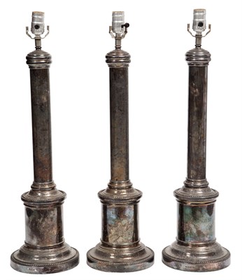 Lot 219 - Set of Three Silver Plated Columnar Lamps...
